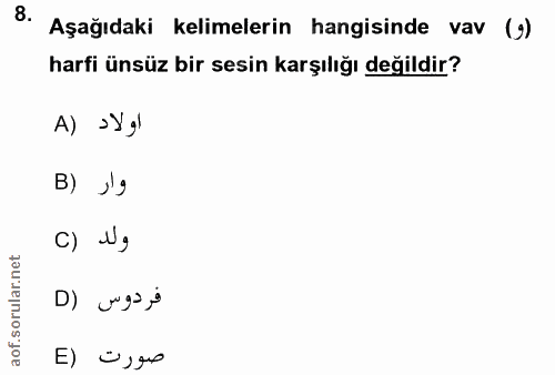 8. soru: Aşağıdaki kelimelerin hangisinde vav () harfi ünsüz bir sesin karşılığı değildir? A) ›}gl B) ›g c) N g فردوس (D صورت (E