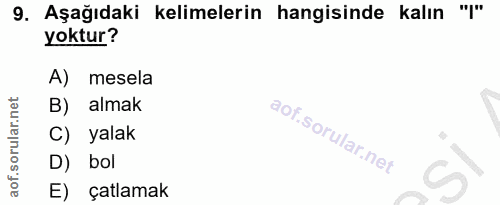 9. soru: Aşağıdaki kelimelerin hangisinde kalın "'" yoktur? A) mesela B) almak C) yalak D) bol E) çatlamak