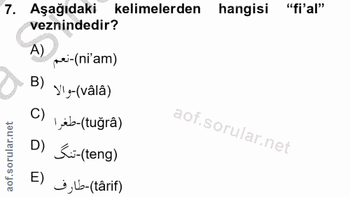 7. soru: Aşağıdaki kelimelerden hangisi "fi'al" veznindedir? A) mi-(ni am) B) YIg-(vâlâ) C) 1 eb-(tuğrâ) D) Ki-(teng) E) ,b-(t…