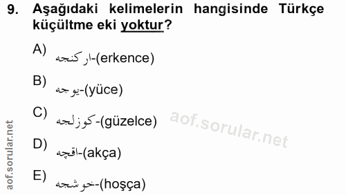 9. soru: Aşağıdaki kelimelerin hangisinde Türkçe küçültme eki yoktur? A) tes,l-(erkence) B) 4 g-(yüce) C) dj-(güzelce) D) 2-(a…