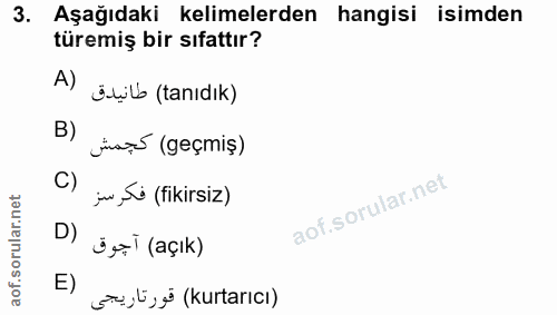 3. soru: Aşağıdaki kelimelerden hangisi isimden türemiş bir sıfattır? A) öl (tanıdık) B) jine (geçmiş) C) jw, Si (fikirsiz) D)…