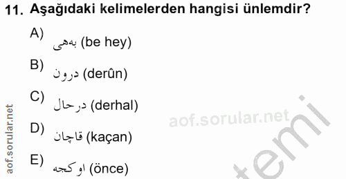 11. soru: Aşağıdaki kelimelerden hangisi ünlemdir? A) sax (be hey) B) Ugr (derûn) C) JL= ,> (derhal) D) jşö (kaçan) emi E) 0 y…