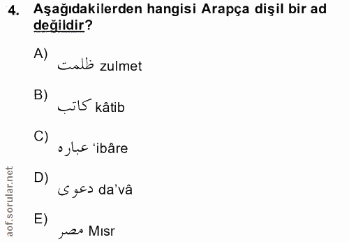 4. soru: Aşağıdakilerden hangisi Arapça dişil bir ad değildir? A) Lallb zulmet B) _ib kâtib C) •juc 'ibâre D) Sera da va Mes Misr