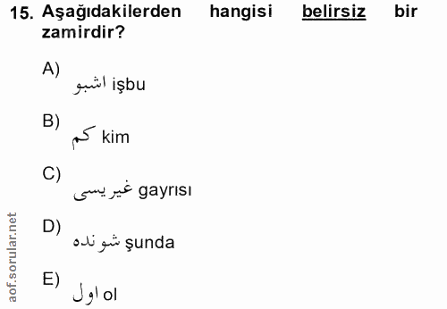 15. soru: Aşağıdakilerden hangisi belirsiz bir zamirdir? A) pul isbu ~ kim C) uye gayrısı D) ali qü șunda E) Ugl ol