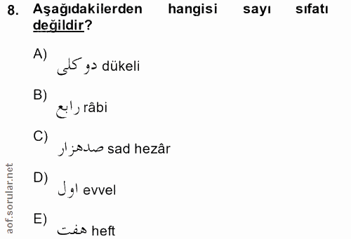 8. soru: Aşağıdakilerden hangisi sayı sifatı değildir? A) 55 go dükeli c', râbi C) d'jslo sad hezâr D) Ugl evvel E) Lis heft