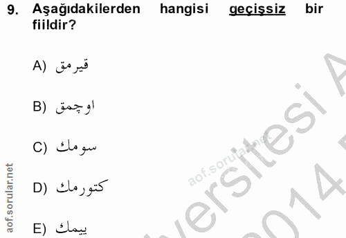 9. soru: Aşağıdakilerden hangisi geçişsiz bir fiildir? قير مق (A او حمق (B C) Ilo gu ersitesi كتورمك (D n14 E) Ilar