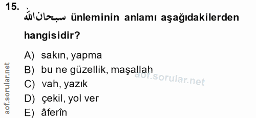 15. soru: Wübzw ünleminin anlamı aşağıdakilerden hangisidir? A) sakın, yapma B) bu ne güzellik, maşallah T. C) vah, yazık D) çe…