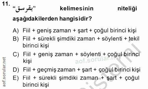 11. soru: "بقرسق» .11 kelimesinin niteliği aşağıdakilerden hangisidir? A) Fiil + geniş zaman + şart + çoğul birinci kişi B) Fii…