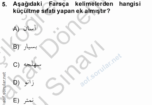 5. soru: Aşağıdaki Farsça kelimelerden hangisi küçültme sıfatı yapan ek almıştır? B) Jun C) Sınavi D) e'; E) ja