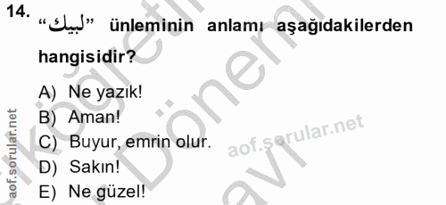 14. soru: "yụ!" ünleminin anlamı aşağıdakilerden hangisidir? A) Ne yazık! B) Aman! aof.s@rular.net C) Buyur, emrin olur. D) Sak…