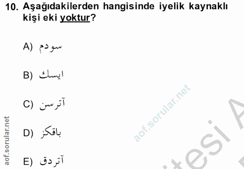 10. soru: Aşağıdakilerden hangisinde iyelik kaynaklı kişi eki yoktur? A) Po qu ايسك (B () ju ji D) iSil آتردق (E