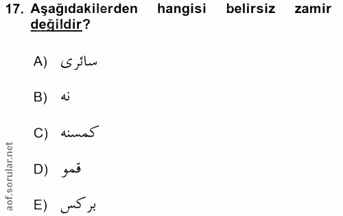17. soru: Aşağıdakilerden hangisi belirsiz zamir değildir? A) S lu B) ai C) dinna D) gaš E) jur y.