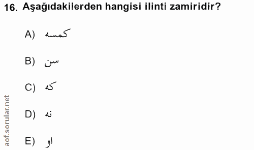 16. soru: Aşağıdakilerden hangisi ilinti zamiridir? A) denas B) ju C) 25 D) di E) gl