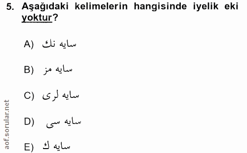 5. soru: Aşağıdaki kelimelerin hangisinde iyelik eki yoktur? سايه نك (A B) jo dilo سايه لرى (C D) au delu سايه ك (E