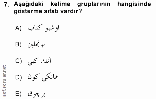 7. soru: Aşağıdaki kelime gruplarının hangisinde gösterme sıfatı vardır? اوشبو كتاب (A B) isti g () 55 dii D) u5 SiLo بر جوق (E