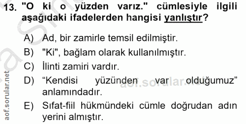 13. soru: "O ki o yüzden varız." cümlesiyle ilgili aşağıdaki ifadelerden hangisi yanlıştır? A) Ad, bir zamirle temsil edilmişti…