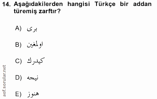 14. soru: Aşağıdakilerden hangisi Türkçe bir addan türemiş zarftır? A) S$ B) ürelgl كيدرك (C نيجه (D E) jșie