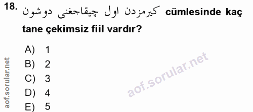 18. soru: ugüg files Jel jsj cümlesinde kaç tane çekimsiz fiil vardır? 1 B) 2 C) 3 D) 4 E) 5