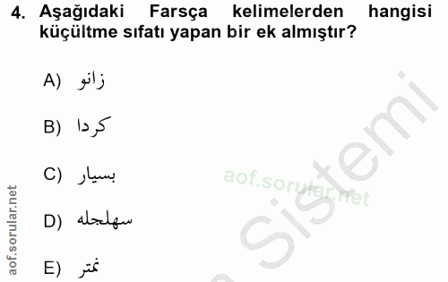 4. soru: Aşağıdaki Farsça kelimelerden hangisi küçültme sıfatı yapan bir ek almıştır? A) gilj B) 13,5 e"' بسيار(C Met سهلجله (…