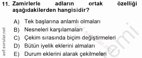 11. soru: Zamirlerle adların ortak özelliği aşağıdakilerden hangisidir? A) Tek başlarına anlamlı olmaları B) Nesneleri karşılam…