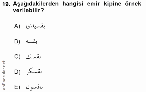 19. soru: Aşağıdakilerden hangisi emir kipine örnek verilebilir? A) Stune! B) sure بقسك (C D) ¡Suré. باقسون (E