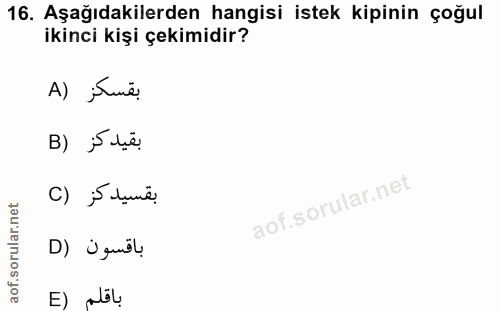 16. soru: Aşağıdakilerden hangisi istek kipinin çoğul ikinci kişi çekimidir? A) بقيد كز (B بقسيد كز (C باقسون (D باقلم (E