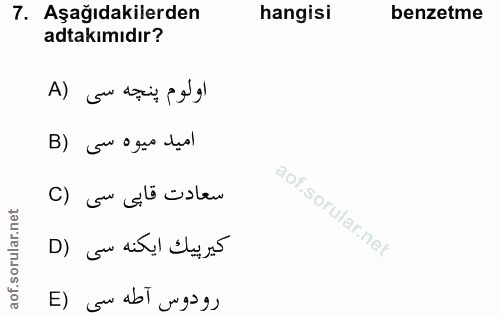 7. soru: Aşağıdakilerden hangisi benzetme adtakımıdır? اولوم پنجه سى (A B) Gu o geo țeo! سعادت قابى سى (C كيرييك ايكنه سى (D ر…