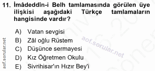 11. soru: Imâdeddîn-i Belh tamlamasında görülen üye ilişkisi aşağıdaki Türkçe tamlamaların hangisinde vardır? A) Vatan sevgisi…