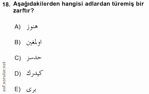 18. soru: Aşağıdakilerden hangisi adlardan türemiş bir zarftır? A) jeio B) irelgl C) ju كيدرك (D برى (E