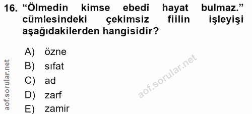 16. soru: "Ölmedin kimse ebedi hayat bulmaz." cümlesindeki çekimsiz fiilin işleyişi aşağıdakilerden hangisidir? A) özne B) sıfa…