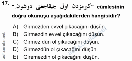 17. soru: " ügga jole dal ja jay" cümlesinin doğru okunuşu aşağıdakilerden hangisidir? A) Girmezden evvel çıkacağını düşün. B)…