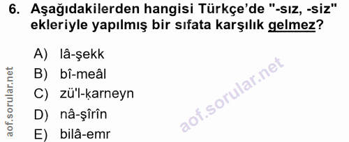 6. soru: Aşağıdakilerden hangisi Türkçe'de "-sız, -siz" ekleriyle yapılmış bir sıfata karşılık gelmez? A) lâ-şekk B) bî-meâl C…