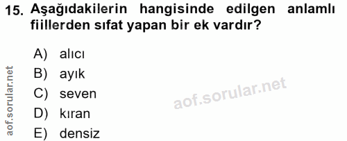 15. soru: Aşağıdakilerin hangisinde edilgen anlamlı fiillerden sıfat yapan bir ek vardır? A) alıcı B) ayık C) seven D) kıran E)…