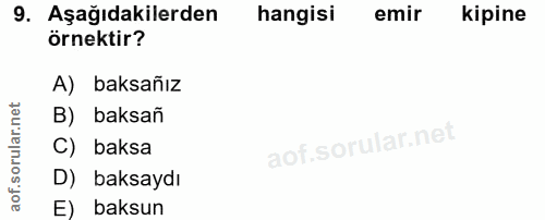 9. soru: Aşağıdakilerden hangisi emir kipine örnektir? A) baksañız B) baksañ C) baksa D) baksaydı E) baksun