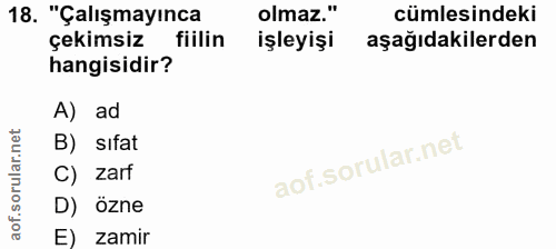 18. soru: "Çalışmayınca olmaz." cümlesindeki çekimsiz fiilin işleyişi aşağıdakilerden hangisidir? A) ad B) sıfat C) zarf D) özn…