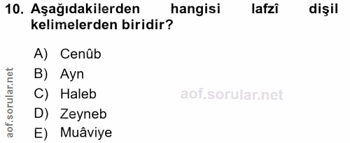 10. soru: Aşağıdakilerden hangisi lafzi dişil kelimelerden biridir? A) Cenûb orular.net B) Ayn C) Haleb D) Zeyneb aof. E) Muâviye