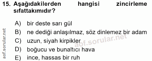 15. soru: Aşağıdakilerden hangisi zincirleme sıfattakımıdır? A) bir deste sarı gül B) ne dediği anlaşılmaz, söz dinlemez bir ad…