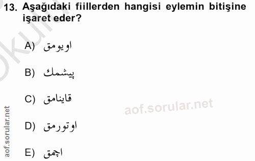 13. soru: Aşağıdaki fiillerden hangisi eylemin bitişine işaret eder? او يومق (A B) Elain C) äsuli او تورمق (D اجمق (E
