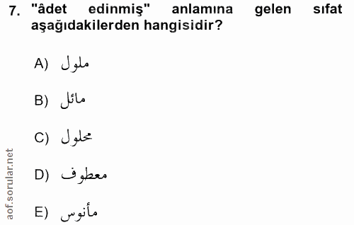 7. soru: "âdet edinmiş" anlamına gelen sıfat aşağıdakilerden hangisidir? A) Jels B) Jilo C) Jele D) izbes E) ugilo