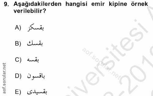 9. soru: Aşağıdakilerden hangisi emir kipine örnek verilebilir? A) ; B) Elmë sites C) durë So D) Ü quiöl E) S!unë: