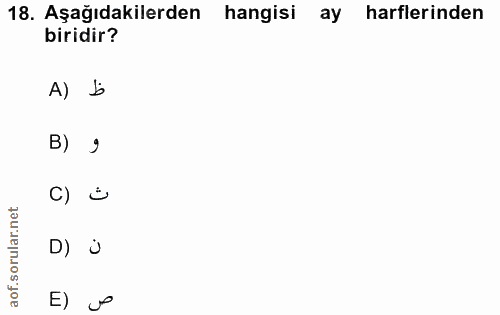 18. soru: Aşağıdakilerden hangisi ay harflerinden biridir? A) b B) g C) ÷ D) j E) e