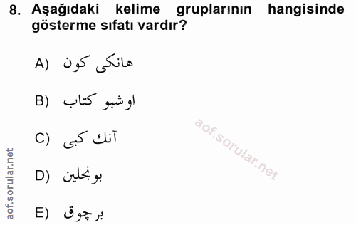 8. soru: Aşağıdaki kelime gruplarının hangisinde gösterme sıfatı vardır? A) jç5 STiLo B) (tis qui gl () 55 dil بونجلين (D برجو…