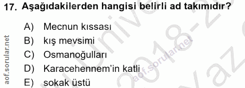 17. soru: Aşağıdakilerden hangisi belirli ad takımıdır? A) Mecnun kıssası kış mevsimi C) Osmanoğulları D) Karacehennem'in katli…