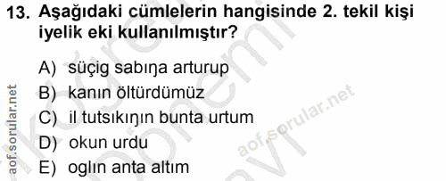 13. soru: Aşağıdaki cümlelerin hangisinde 2. tekil kişi iyelik eki kullanılmıştır? A) süçig sabına arturup B) kanın ölürdümüz s…