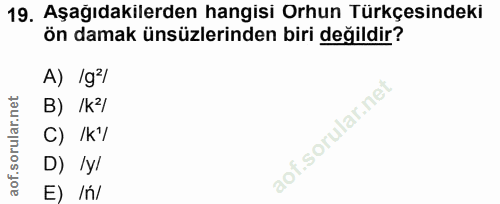 19. soru: Aşağıdakilerden hangisi Orhun Türkçesindeki ön damak ünsüzlerinden biri değildir? A) 1g/ B) /k2/ C) /K/ D) ly/ E) /ń/