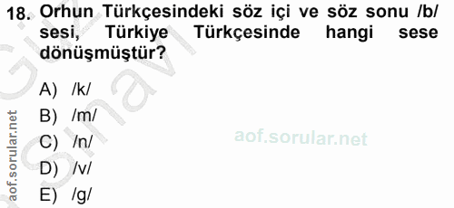 18. soru: Orhun Türkçesindeki söz içi ve söz sonu /b/ sesi, Türkiye Türkçesinde hangi sese dönüşmüştür? A) /k/ B) /m/ C) /n/ D)…