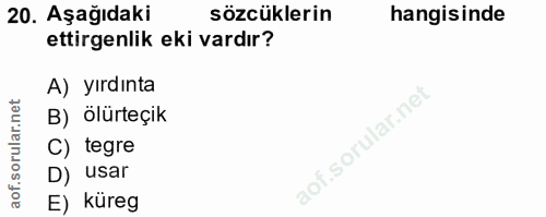 20. soru: Aşağıdaki sözcüklerin hangisinde ettirgenlik eki vardır? A) yırdınta B) ölürteçik C) tegre D) usar E) küreg
