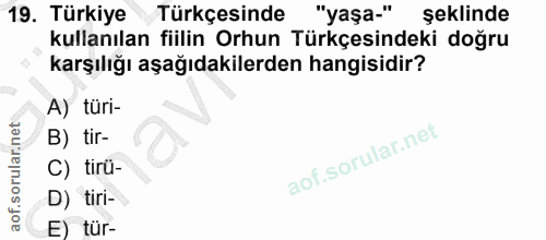 19. soru: Türkiye Türkçesinde "yaşa." şeklinde kullanılan fiilin Orhun Türkçesindeki doğru karşılığı aşağıdakilerden hangisidir…