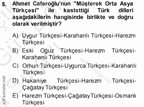5. soru: Ahmet Caferoğlu'nun "Müşterek Orta Asya Türkçesi" ile kastettiği Türk dilleri aşağıdakilerin hangisinde birlikte ve d…