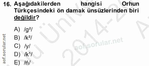 16. soru: Aşağıdakilerden hangisi Orhun Türkçesindeki ön damak ünsüzlerinden biri değildir? A) /g/ B) /k2/ of C) /y/ D) /k/ E) /ń/